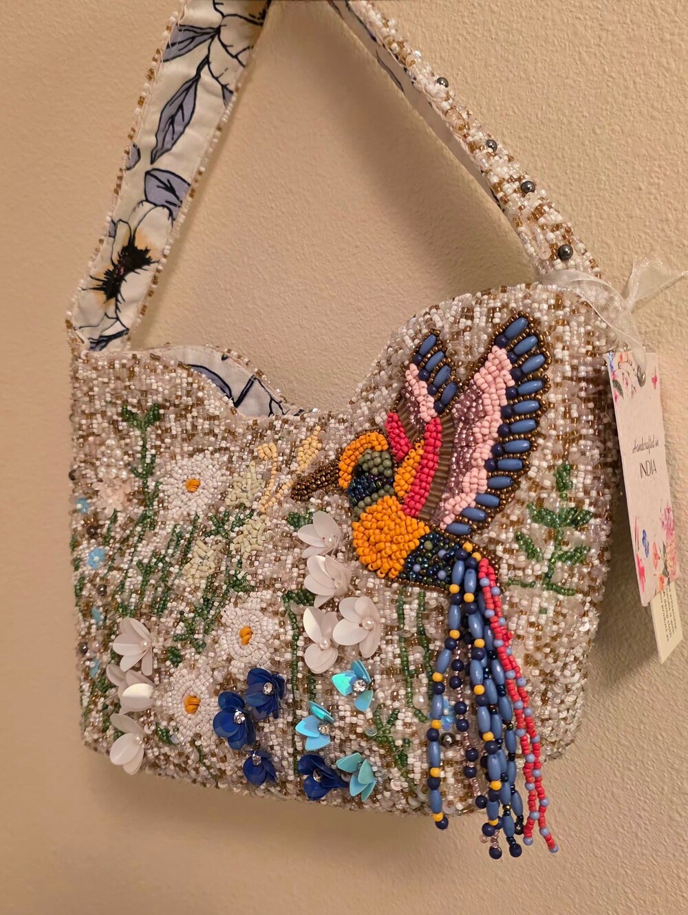 Handcrafted In India Beaded Shoulder Bag  Hummingbird with Tail Viral NWT